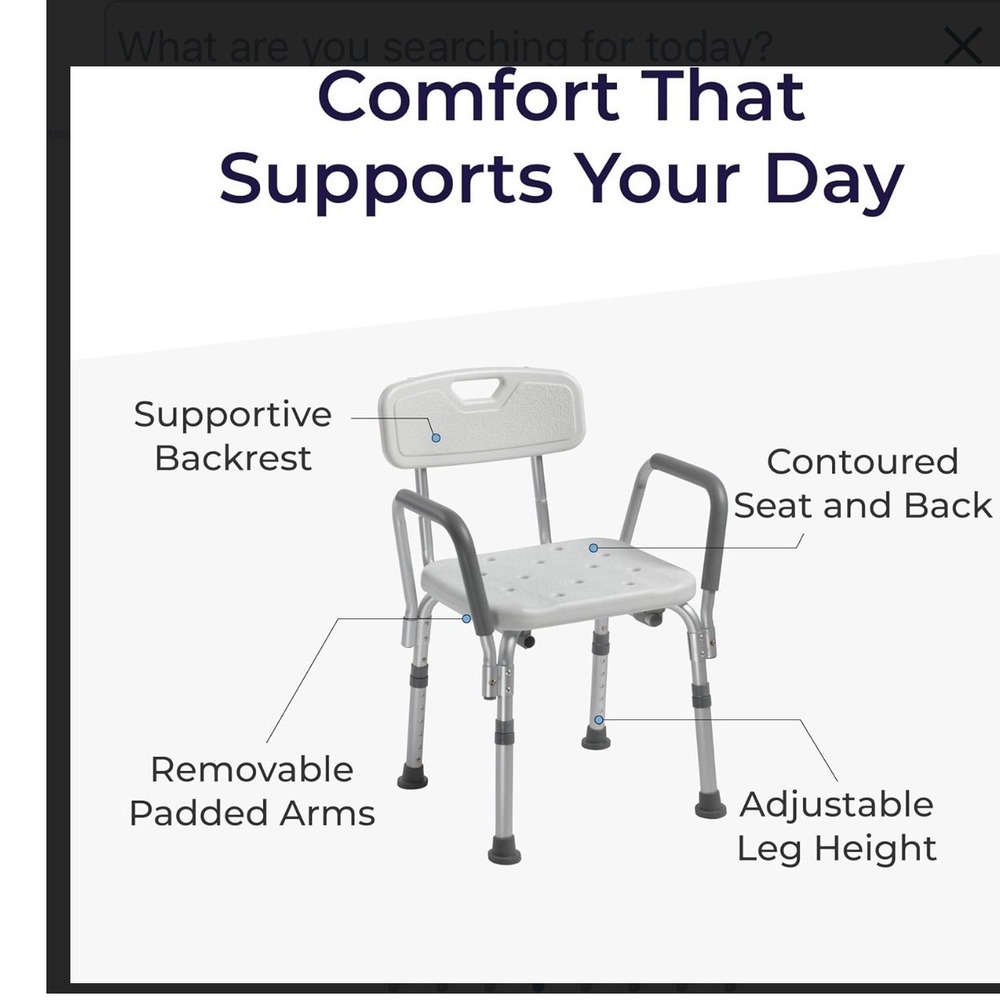 Drive Medical Shower Chair Unisex OS White New Adjustable Back Padded Arms 350lb
